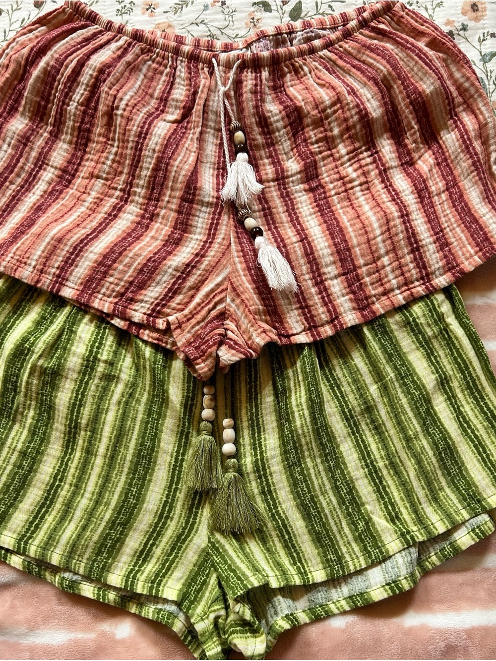 No Boundaries Striped Tassel-Waist Shorts — Pink & Green